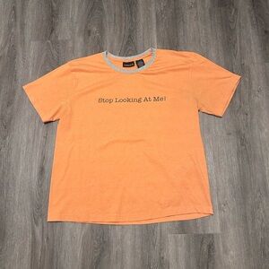 Y2K No Boundaries Orange Gray Ringer Collar Stop Looking At Me T-Shirt Sz L Tee